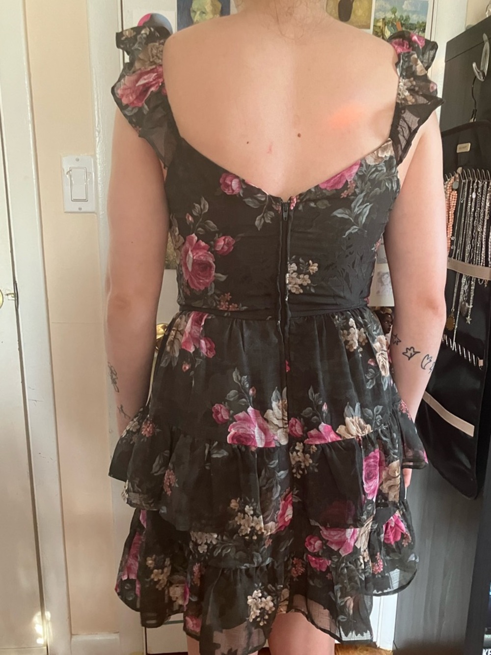 Floral Ruffled Mini Dress - Dark Green with Pink Roses - Picture 2 of 4
